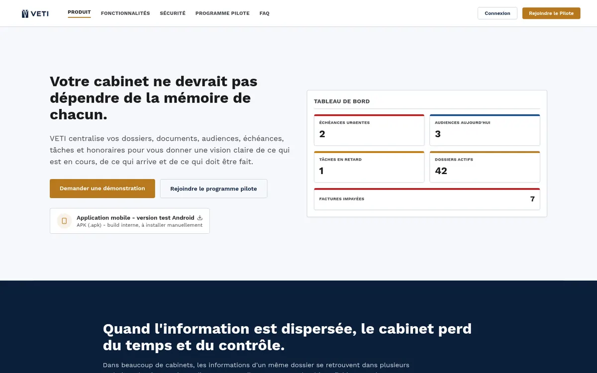 Aperçu : VETI — gestion de cabinet d’avocats (espace OHADA)